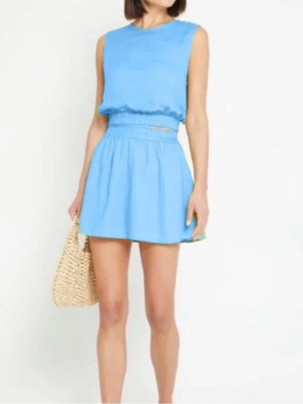 Kourt Linen Blend 2 Piece Set Skort Skirt Matching Sleeveless Top Light Blue XS
